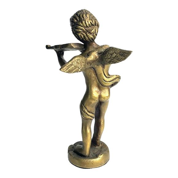 Brass Cherub Figurine 6" Angel Statue Playing Violin Viola Child Vintage Solid - Picture 3 of 5